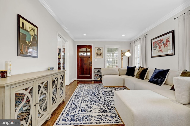 11214 Midvale Rd, Kensington, MD 20895 - living area with wood finished floors, ornamental molding, recessed lighting, and baseboards