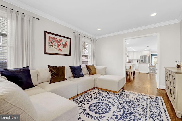 11214 Midvale Rd, Kensington, MD 20895 - living area featuring wood finished floors, recessed lighting, crown molding, and baseboards