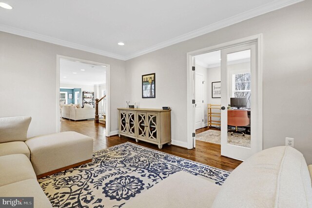 11214 Midvale Rd, Kensington, MD 20895 - living room with wood finished floors, recessed lighting, an office area, crown molding, and baseboards