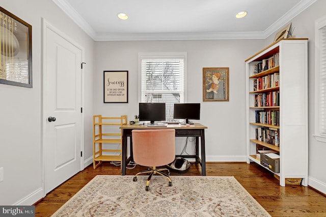 11214 Midvale Rd, Kensington, MD 20895 - office space with dark wood-style floors, ornamental molding, baseboards, and recessed lighting