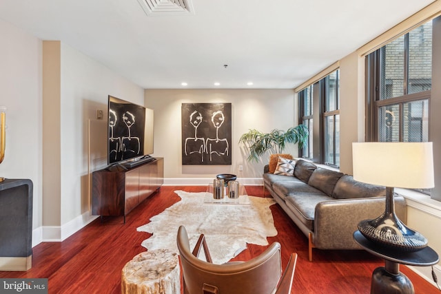 1500 Chestnut St Unit 20K, Philadelphia, PA 19102 - living room featuring baseboards, dark wood-style flooring, and recessed lighting