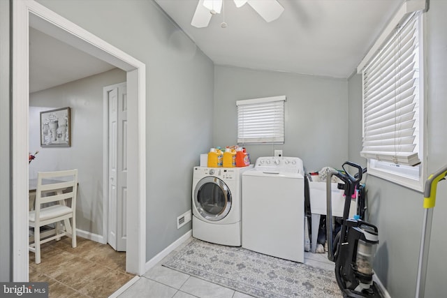 7 Neeld Ln, Aston, PA 19014 - laundry room with washer and clothes dryer, ceiling fan, tile patterned floors, and baseboards