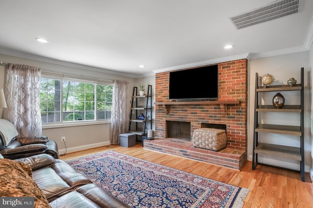 13704 Beret Pl, Silver Spring, MD 20906 - living room featuring baseboards, ornamental molding, wood finished floors, a fireplace, and recessed lighting