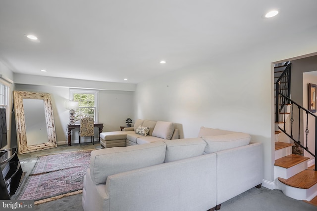 13704 Beret Pl, Silver Spring, MD 20906 - carpeted living room featuring stairway, recessed lighting, and baseboards