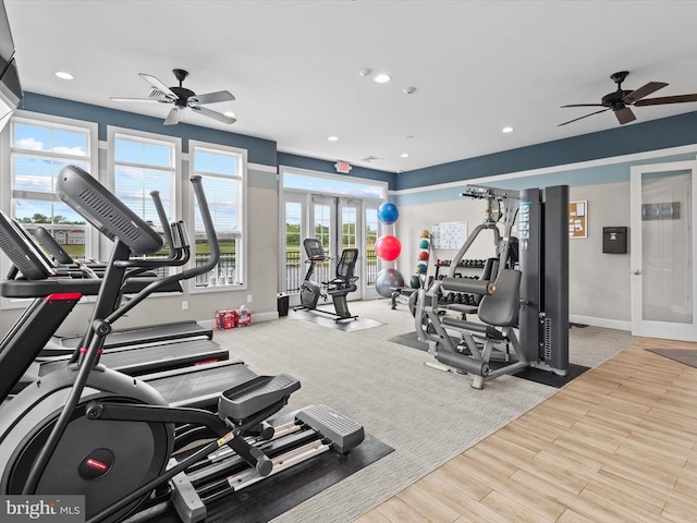 24238 Zinfandel Ln Unit R307, Lewes, DE 19958 - workout area with a ceiling fan, baseboards, french doors, recessed lighting, and wood finished floors