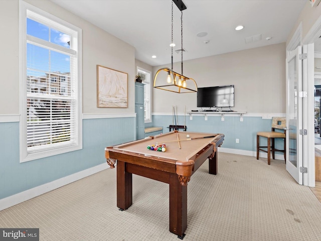 24238 Zinfandel Ln Unit R307, Lewes, DE 19958 - playroom with a wainscoted wall, billiards, baseboards, carpet flooring, and recessed lighting