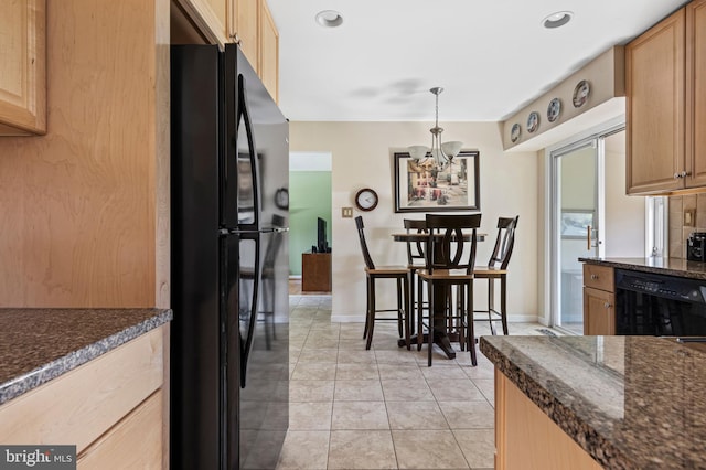 1908 Sterigere St, Eagleville, PA 19403 - kitchen featuring black appliances, a chandelier, baseboards, light tile patterned floors, and recessed lighting