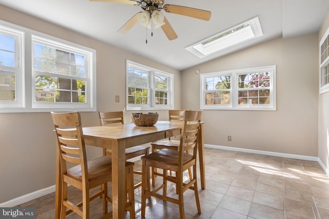 1908 Sterigere St, Eagleville, PA 19403 - dining area with a skylight, ceiling fan, lofted ceiling, baseboards, and light tile patterned floors