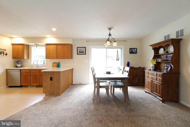 218 Independence Ave, State College, PA 16801 - dining area with baseboards, light carpet, recessed lighting, and a chandelier