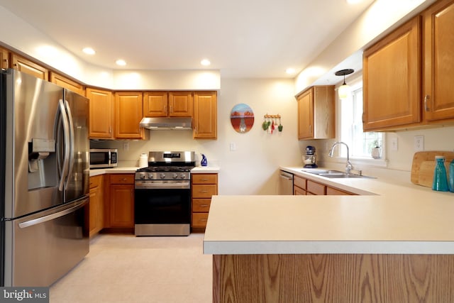 218 Independence Ave, State College, PA 16801 - kitchen with appliances with stainless steel finishes, under cabinet range hood, a sink, a peninsula, and light countertops