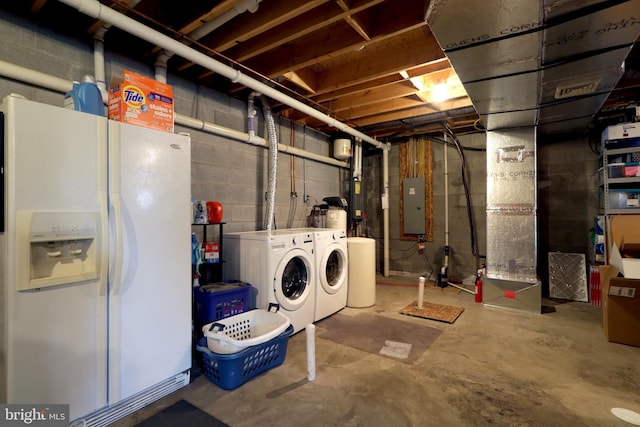 218 Independence Ave, State College, PA 16801 - unfinished basement with white fridge with ice dispenser, washing machine and clothes dryer, and electric panel