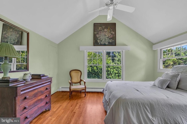 484 Rte 518, Skillman, NJ 08558 - bedroom featuring a baseboard heating unit, lofted ceiling, light wood finished floors, and a ceiling fan