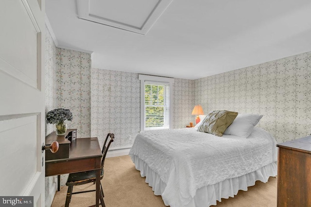484 Rte 518, Skillman, NJ 08558 - bedroom featuring wallpapered walls, light colored carpet, and attic access