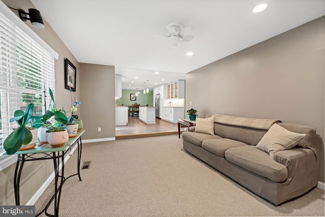 84 Winding Way, Upper Chichester, PA 19061 - carpeted living area featuring baseboards, recessed lighting, and a ceiling fan