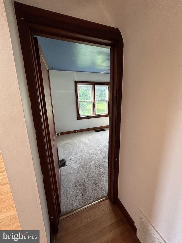 4599 Carlisle Rd, Gardners, PA 17324 - hallway featuring baseboard heating, baseboards, carpet floors, and wood finished floors