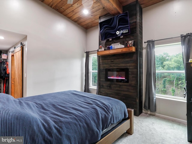 280 Champwood Ridge Ct, Keyser, WV 26726 - carpeted bedroom featuring a barn door, baseboards, wooden ceiling with exposed beams, recessed lighting, and a spacious closet