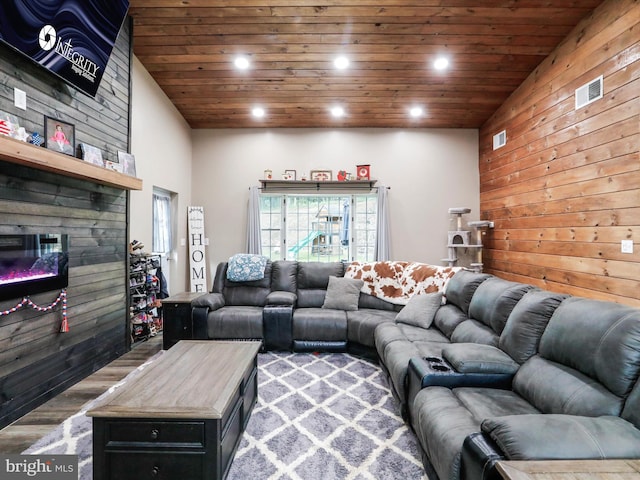 280 Champwood Ridge Ct, Keyser, WV 26726 - living room with wood walls, a stone fireplace, recessed lighting, and wooden ceiling