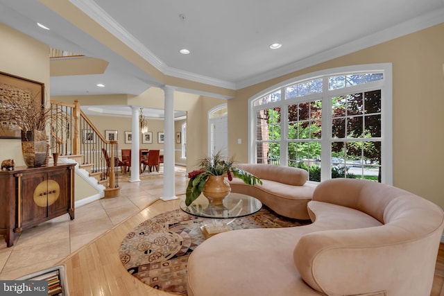 8220 Waterside Ct, Fort Washington, MD 20744 - living area featuring ornate columns, stairs, ornamental molding, recessed lighting, and light tile patterned floors