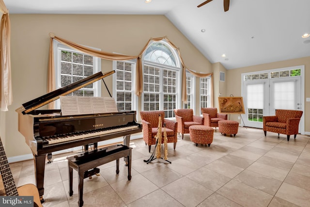 8220 Waterside Ct, Fort Washington, MD 20744 - sitting room with a ceiling fan, tile patterned floors, recessed lighting, baseboards, and high vaulted ceiling