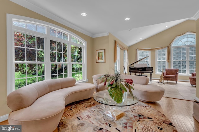 8220 Waterside Ct, Fort Washington, MD 20744 - living room featuring hardwood / wood-style floors, recessed lighting, crown molding, vaulted ceiling, and baseboards