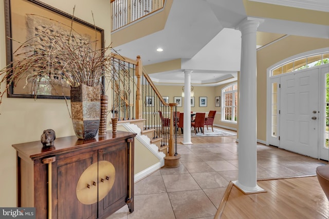 8220 Waterside Ct, Fort Washington, MD 20744 - entryway featuring decorative columns, stairway, baseboards, ornamental molding, and recessed lighting