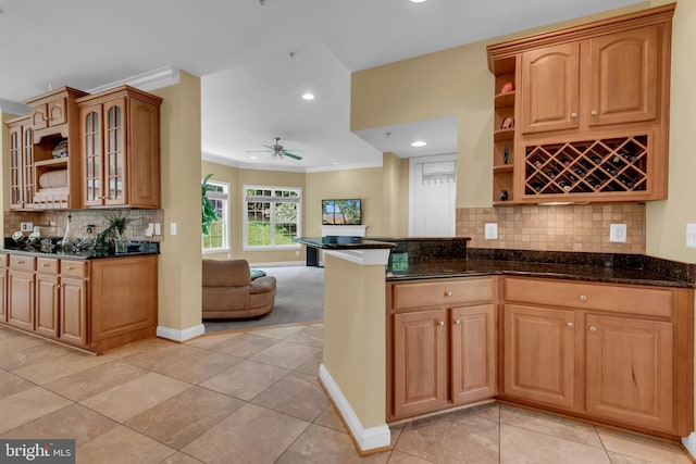 8220 Waterside Ct, Fort Washington, MD 20744 - kitchen with open shelves, ornamental molding, tasteful backsplash, light tile patterned flooring, and recessed lighting