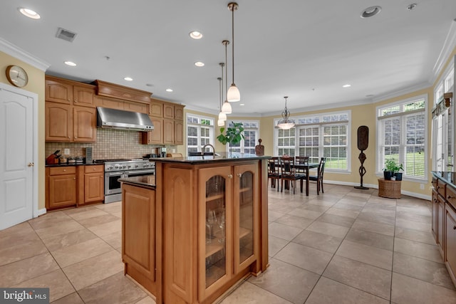 8220 Waterside Ct, Fort Washington, MD 20744 - kitchen with exhaust hood, range with two ovens, crown molding, light tile patterned flooring, and glass insert cabinets