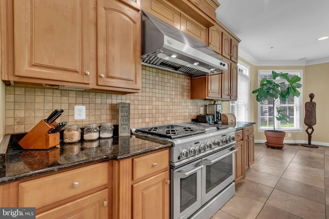 8220 Waterside Ct, Fort Washington, MD 20744 - kitchen with range with two ovens, ventilation hood, light tile patterned floors, backsplash, and crown molding
