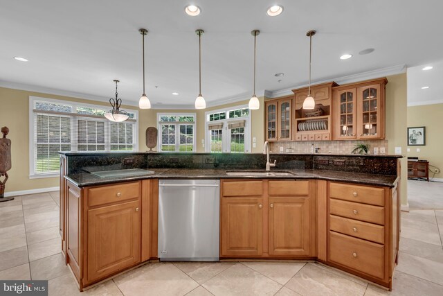 8220 Waterside Ct, Fort Washington, MD 20744 - kitchen with dishwasher, a sink, ornamental molding, backsplash, and recessed lighting