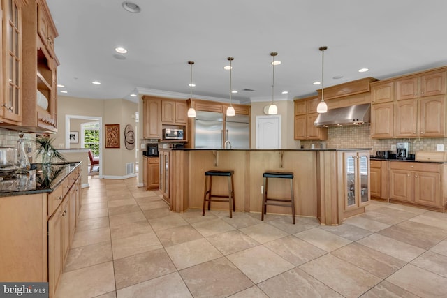 8220 Waterside Ct, Fort Washington, MD 20744 - kitchen with ventilation hood, appliances with stainless steel finishes, light tile patterned floors, decorative backsplash, and recessed lighting