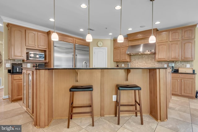 8220 Waterside Ct, Fort Washington, MD 20744 - kitchen with stainless steel appliances, dark countertops, ventilation hood, decorative backsplash, and a breakfast bar