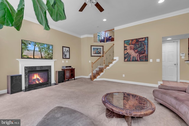 8220 Waterside Ct, Fort Washington, MD 20744 - living room with carpet flooring, stairs, a ceiling fan, crown molding, and baseboards