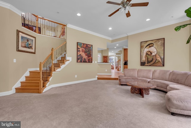 8220 Waterside Ct, Fort Washington, MD 20744 - living area with stairway, carpet, ornamental molding, ceiling fan, and baseboards