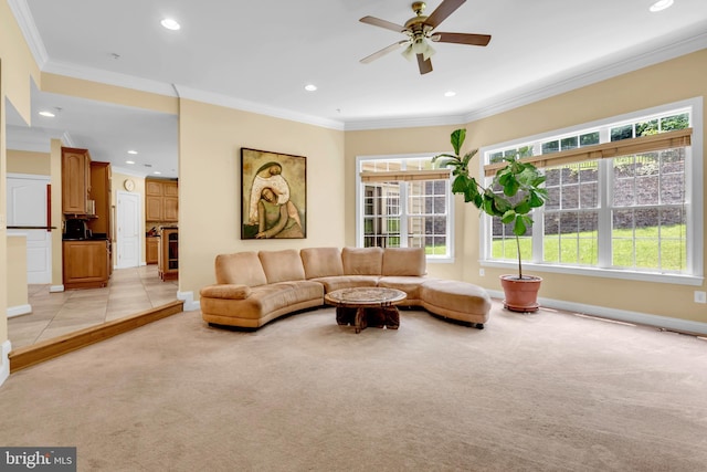 8220 Waterside Ct, Fort Washington, MD 20744 - living area with light colored carpet, ornamental molding, ceiling fan, baseboards, and recessed lighting