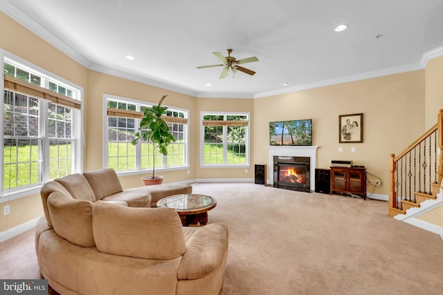 8220 Waterside Ct, Fort Washington, MD 20744 - living room with carpet, baseboards, a fireplace with flush hearth, a ceiling fan, and recessed lighting