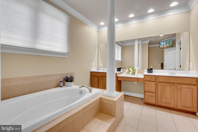 8220 Waterside Ct, Fort Washington, MD 20744 - full bath with ornamental molding, vanity, a garden tub, decorative columns, and tile patterned floors