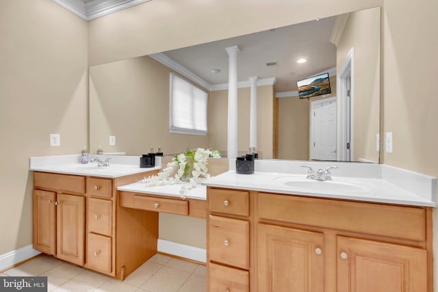 8220 Waterside Ct, Fort Washington, MD 20744 - bathroom featuring crown molding, vanity, decorative columns, tile patterned floors, and baseboards