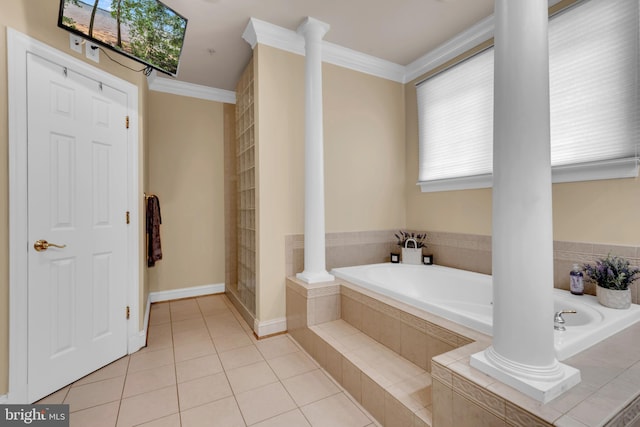 8220 Waterside Ct, Fort Washington, MD 20744 - bathroom featuring ornate columns, a bath, crown molding, and tile patterned floors