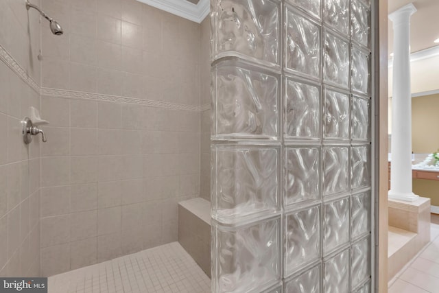 8220 Waterside Ct, Fort Washington, MD 20744 - full bathroom featuring decorative columns, a tile shower, and tile patterned floors