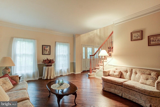 235 Amherst Dr, Doylestown, PA 18901 - living area featuring ornamental molding, hardwood / wood-style flooring, stairway, and baseboards