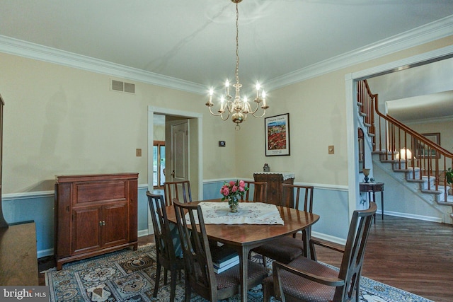 235 Amherst Dr, Doylestown, PA 18901 - dining space with crown molding, a chandelier, stairway, dark wood-style flooring, and baseboards