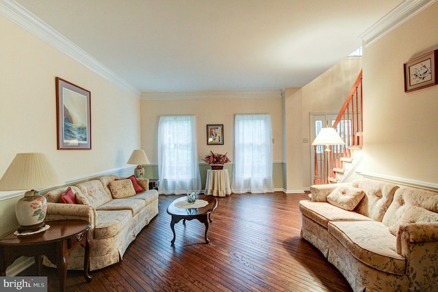 235 Amherst Dr, Doylestown, PA 18901 - living room with stairway, dark wood-style floors, crown molding, and baseboards