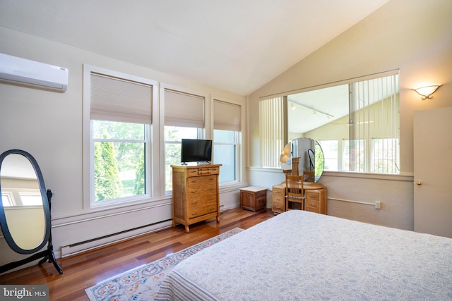 1272 Penfield Rd, State College, PA 16801 - bedroom with a wall mounted air conditioner, wood finished floors, lofted ceiling, and baseboard heating