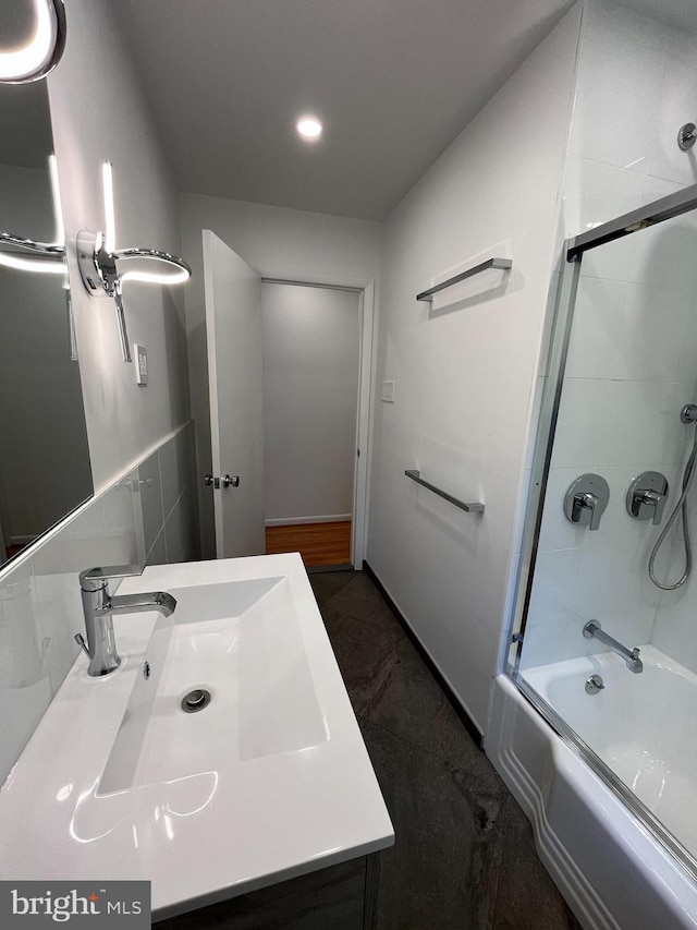 905 Dunellen Dr, Towson, MD 21286 - full bath featuring vanity, shower / bath combination with glass door, recessed lighting, and marble finish flooring
