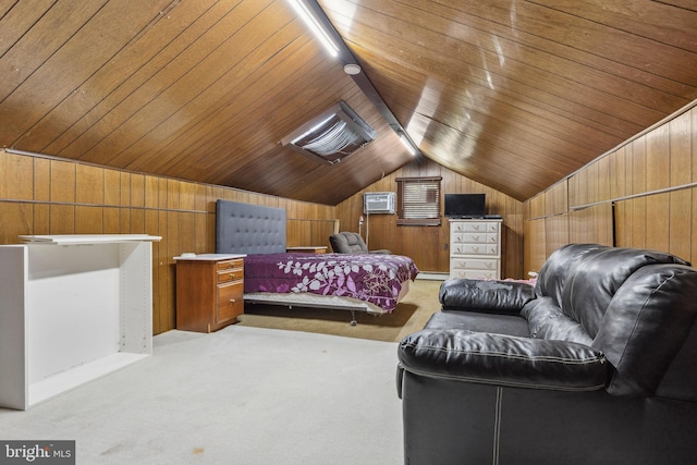 1316 Carpenters Point Rd, Perryville, MD 21903 - carpeted bedroom featuring wood walls, a wall mounted air conditioner, vaulted ceiling, wooden ceiling, and a baseboard heating unit