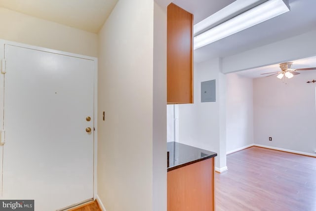 6087 Majors Ln Unit 1, Columbia, MD 21045 - kitchen featuring light wood-style flooring, a ceiling fan, dark stone counters, electric panel, and baseboards