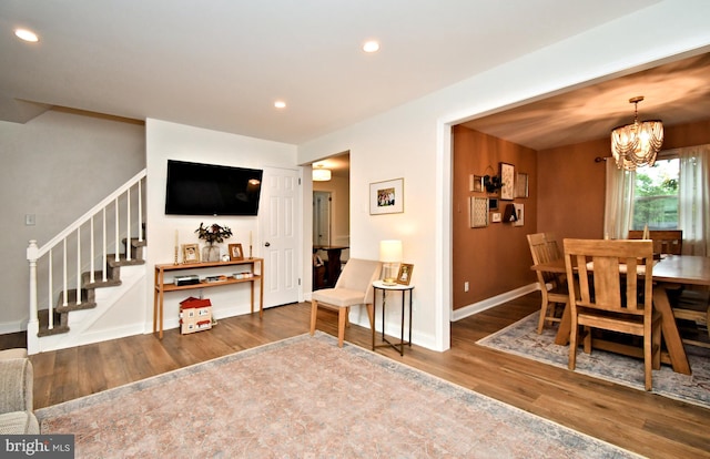 16 Grove Cir, Sellersville, PA 18960 - dining space featuring stairway, a chandelier, wood finished floors, baseboards, and recessed lighting