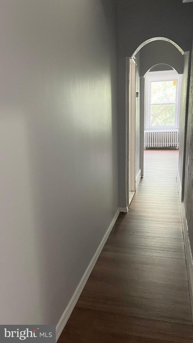 4937 N 13th St, Philadelphia, PA 19141 - hallway with radiator heating unit, wood finished floors, baseboards, and arched walkways
