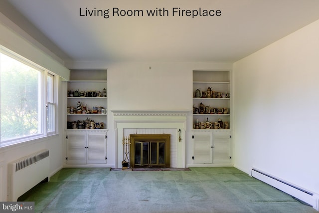 209 Berkshire Ave, Linwood, NJ 08221 - unfurnished living room with radiator heating unit, a baseboard heating unit, carpet flooring, a brick fireplace, and built in features