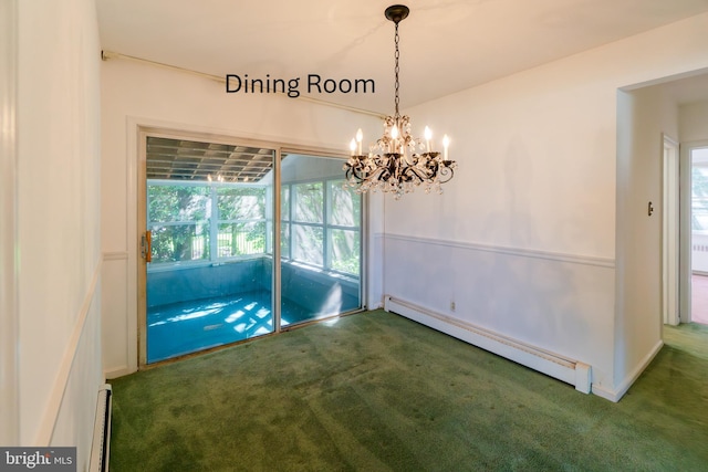 209 Berkshire Ave, Linwood, NJ 08221 - unfurnished dining area featuring a baseboard radiator, carpet, a chandelier, and healthy amount of natural light